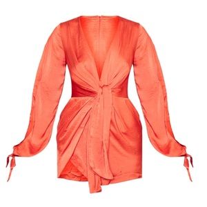 Rust satin twist front open sleeve wrap dress